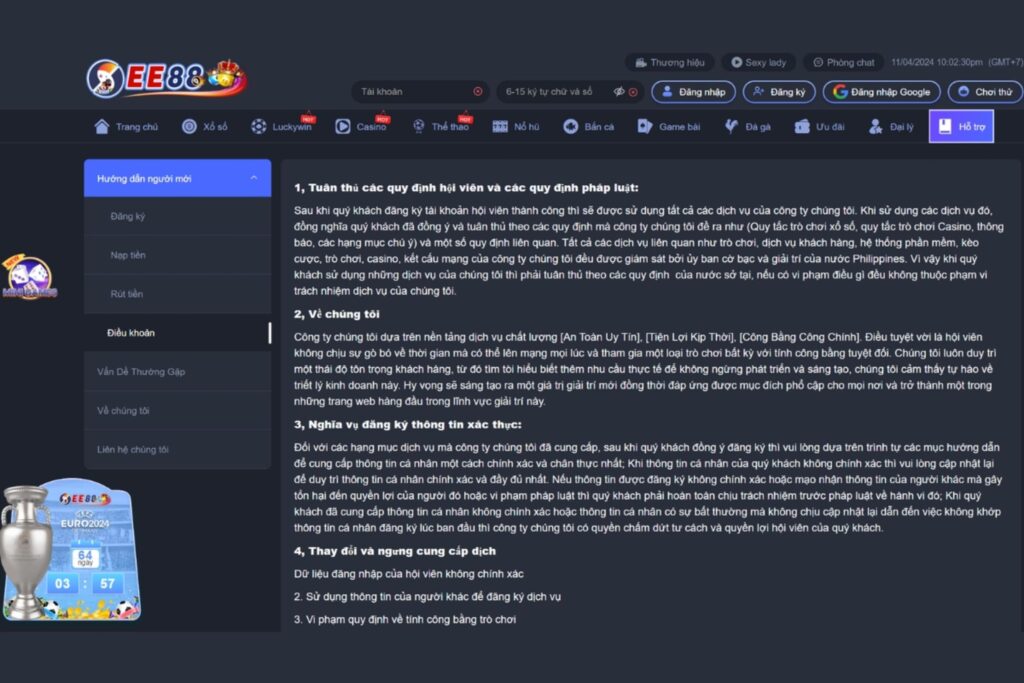 Đọc kỹ điều khoản và điều kiện thi tham gia Ee88 Casino